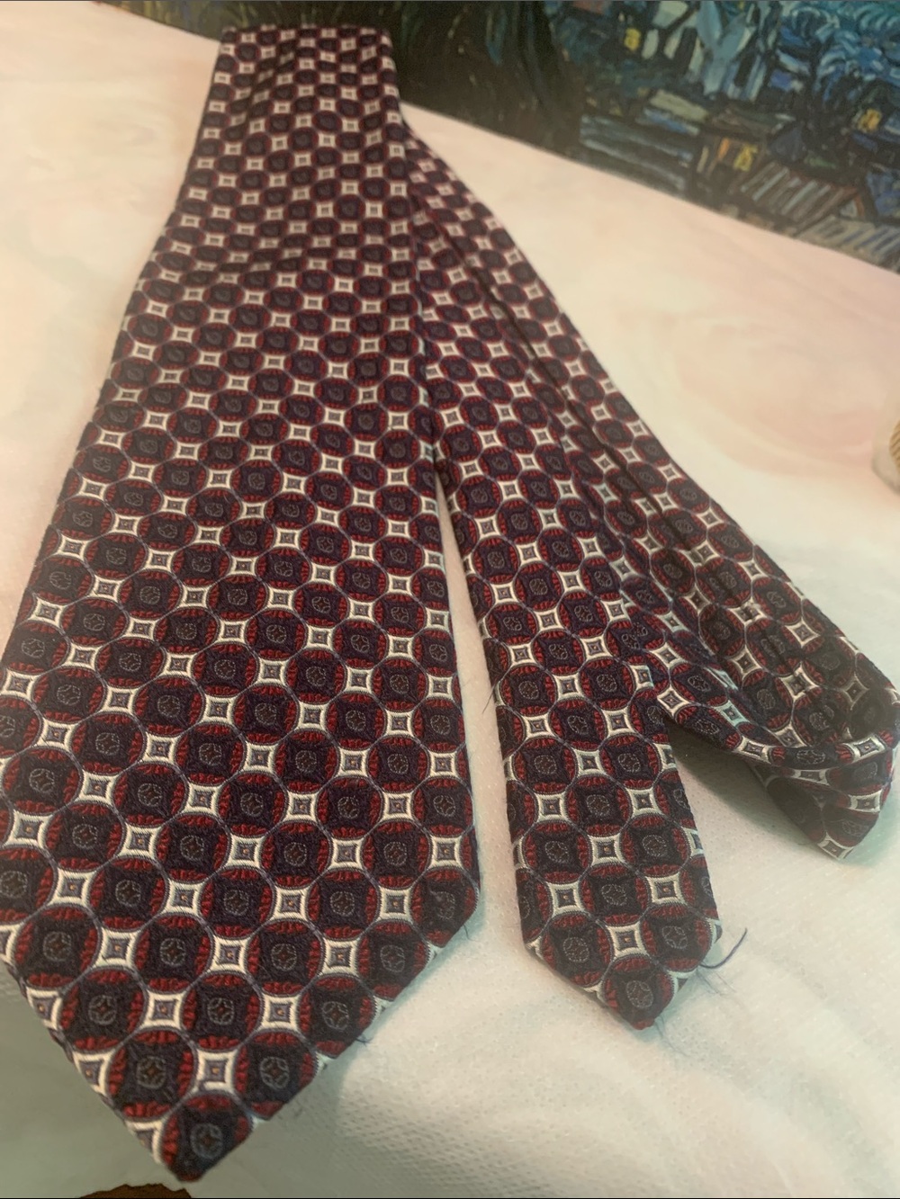 Jos. A. Bank Burgundy and Navy Geometric Silk Tie